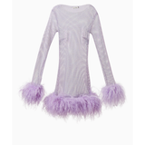 Lavender sequined mini dress with purple feather trim on hem and cuffs by The New Arrivals — The New Arrivals | Endless UAE