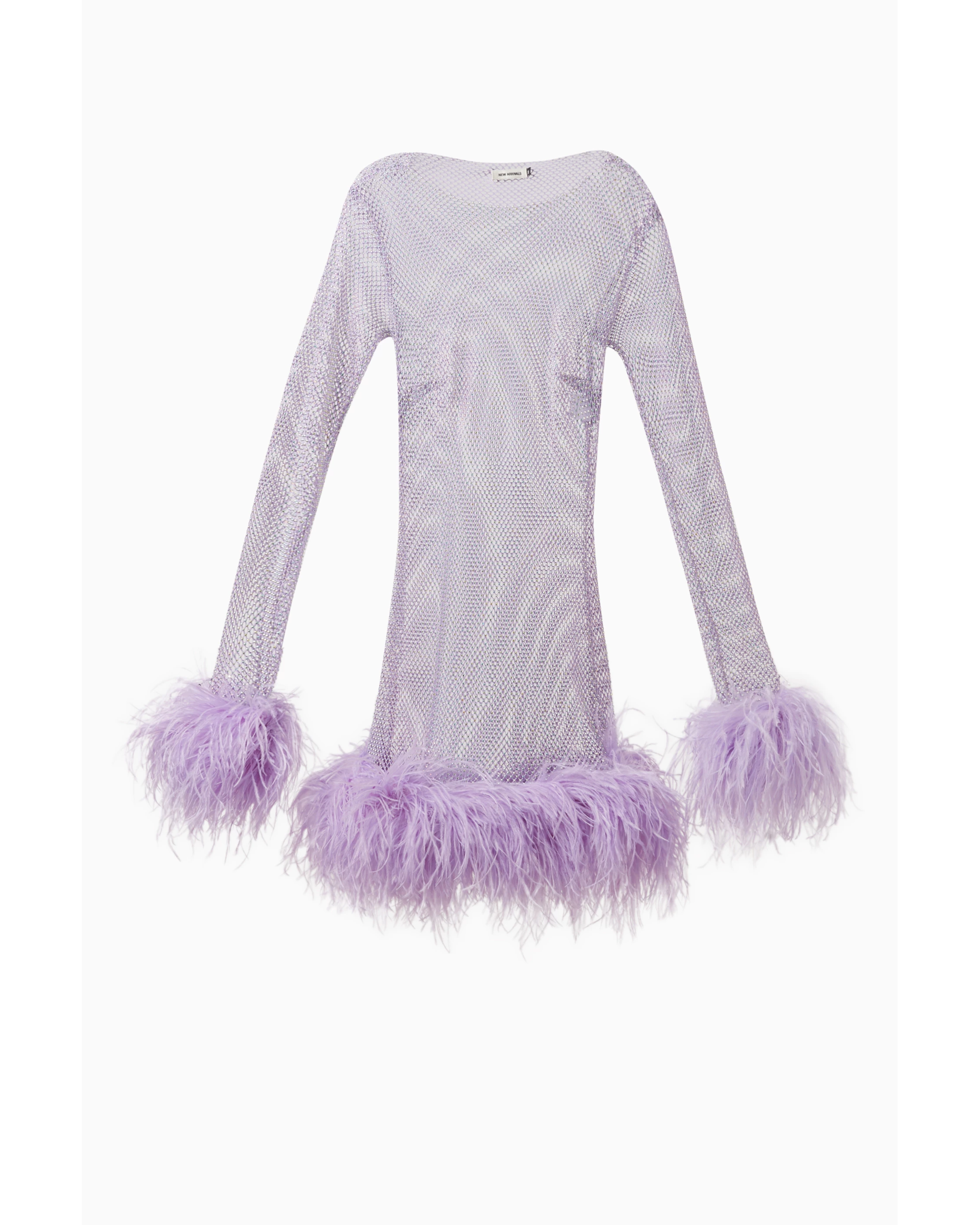 Lavender sequined mini dress with purple feather trim on hem and cuffs by The New Arrivals — The New Arrivals | Endless UAE