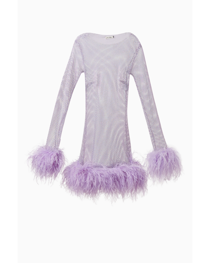 Lavender sequined mini dress with purple feather trim on hem and cuffs by The New Arrivals — The New Arrivals | Endless UAE