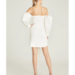 Frida Draped Dress in white with cold-shoulder sleeves and asymmetrical hem — Amur | Endless UAE