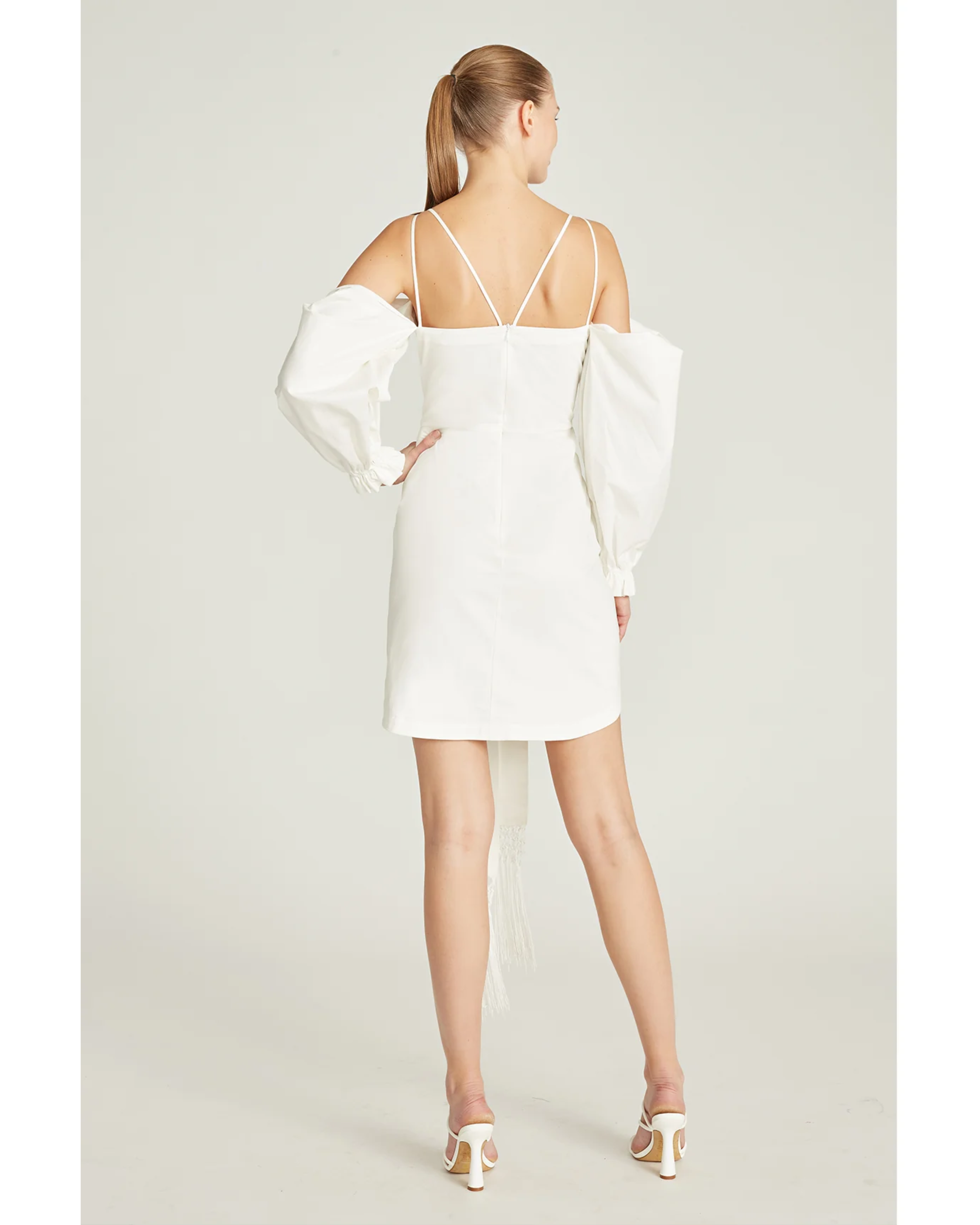 Frida Draped Dress in white with cold-shoulder sleeves and asymmetrical hem — Amur | Endless UAE