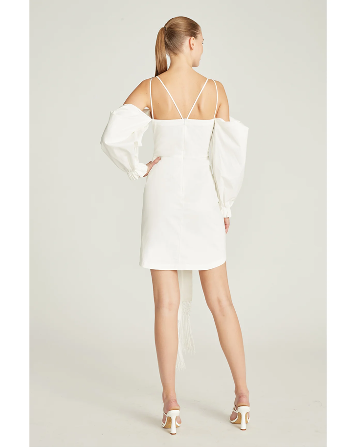 Frida Draped Dress in white with cold-shoulder sleeves and asymmetrical hem — Amur | Endless UAE
