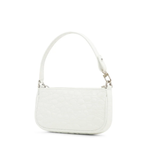White quilted mini shoulder bag with silver hardware held up against neutral background — By Far | Endless UAE
