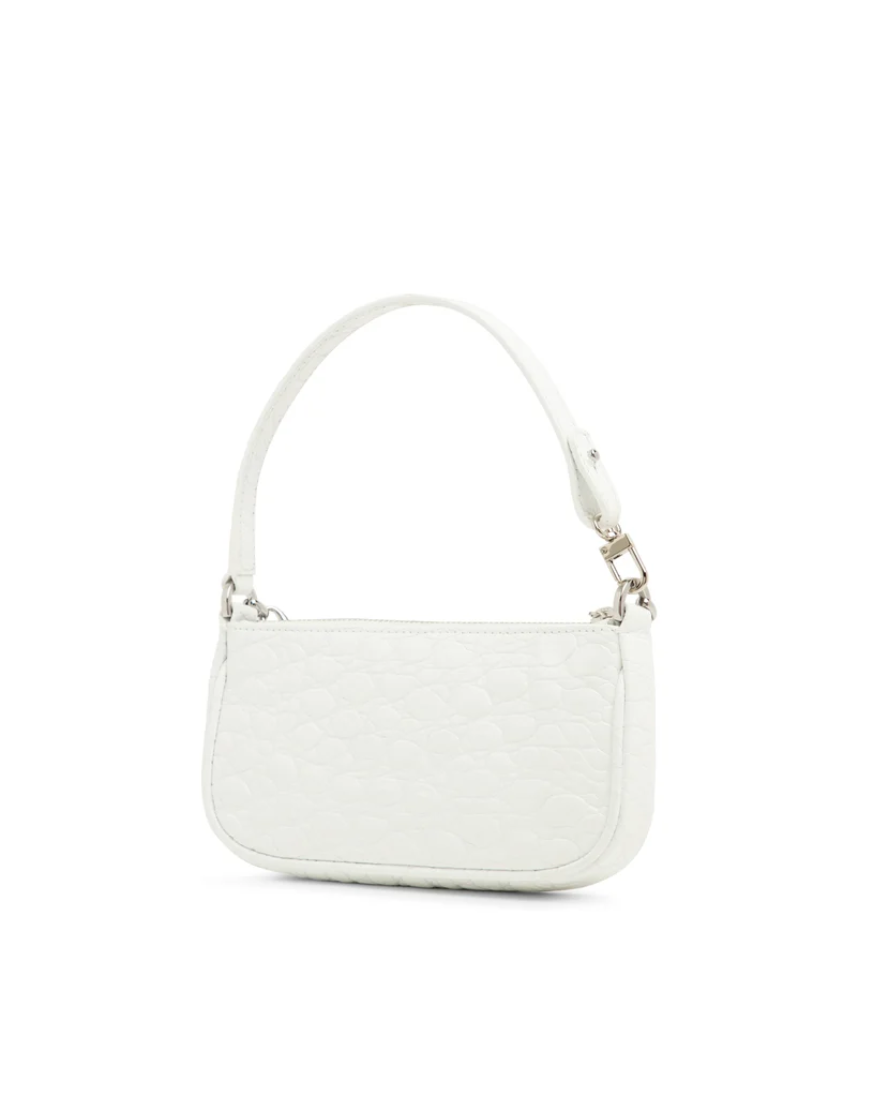 White quilted mini shoulder bag with silver hardware held up against neutral background — By Far | Endless UAE