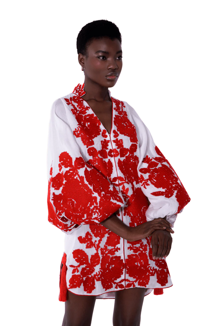 White batiste caftan mini dress with red embroidered roses and balloon sleeves — Yuliya Magdych | Endless UAE