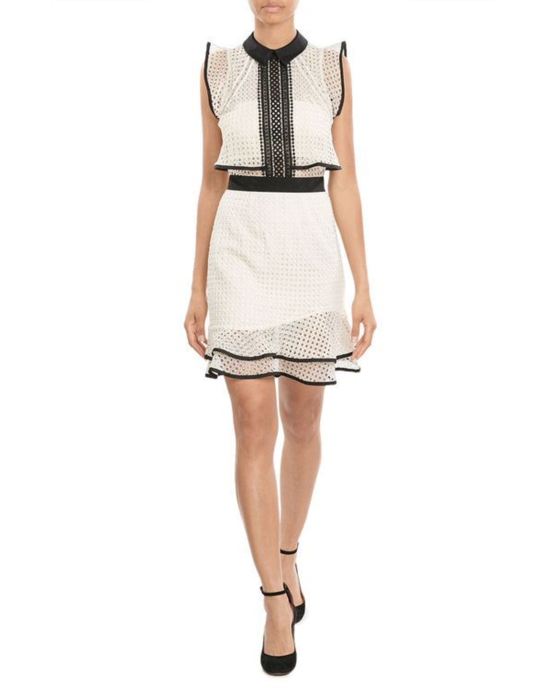 Cream textured sleeveless dress with black contrast trim and flounced hem — Self-Portrait | Endless UAE