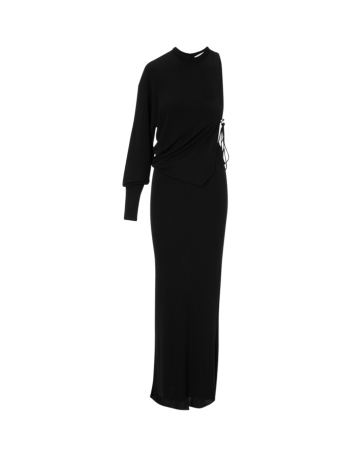 Black long-sleeved maxi dress with asymmetrical ruched detailing and drawstring accent at waist — Christopher Esber | Endless UAE