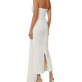 White draped midi dress in crepe-chiffon with cowl neckline and side slit — Zeena Zaki | Endless UAE