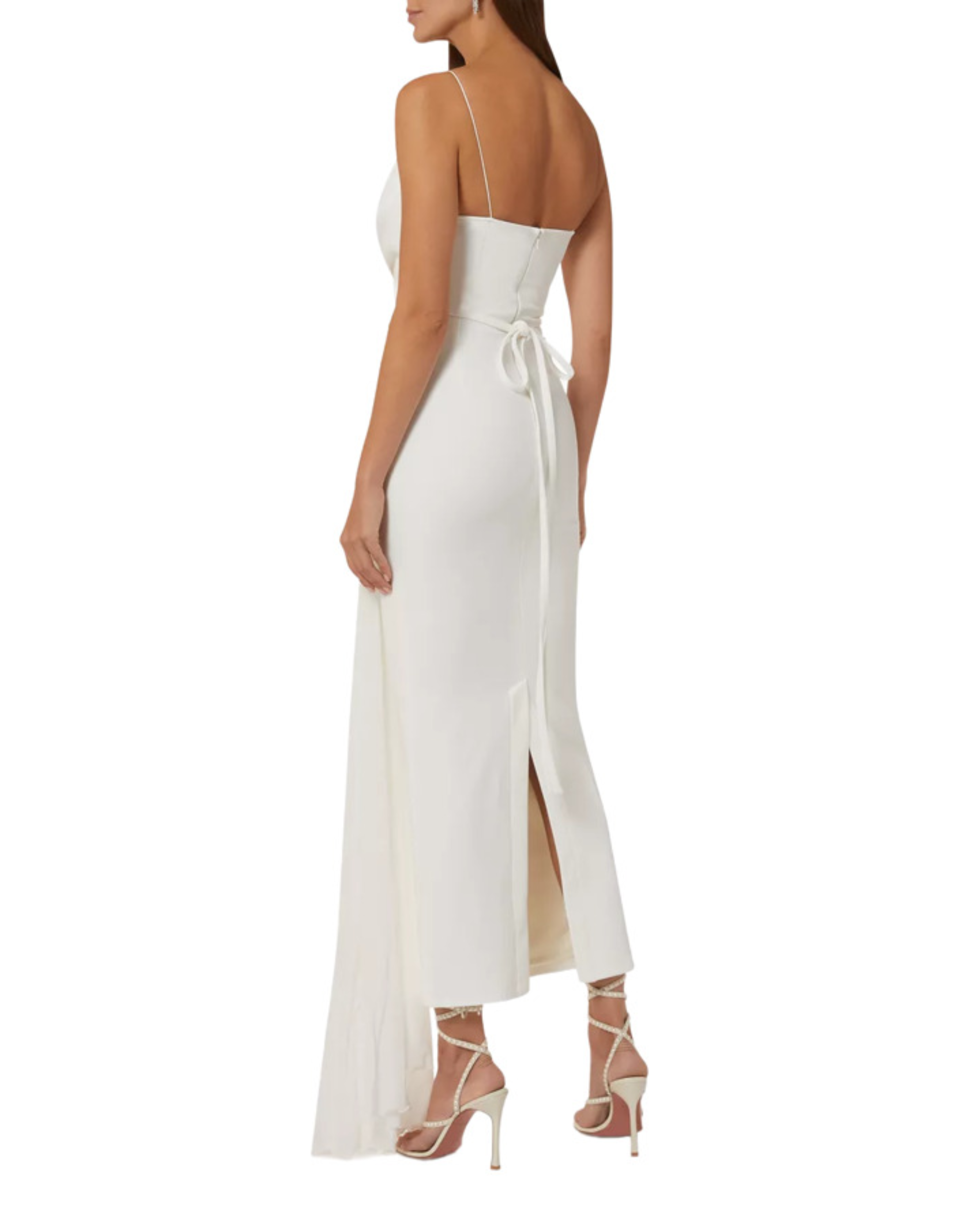 White draped midi dress in crepe-chiffon with cowl neckline and side slit — Zeena Zaki | Endless UAE