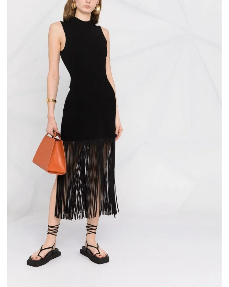 Black sleeveless midi dress with fringe hem detail — Sandro | Endless UAE