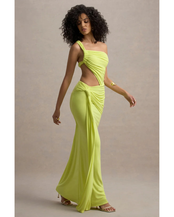 Neon yellow asymmetric maxi dress with one-shoulder neckline and wrap skirt detail — Club L London | Endless UAE