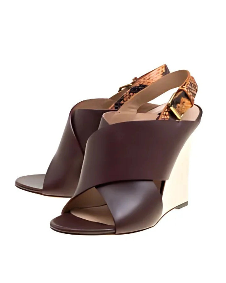 Brown leather and python slingback wedge sandals with buckle closure — Celine | Endless UAE