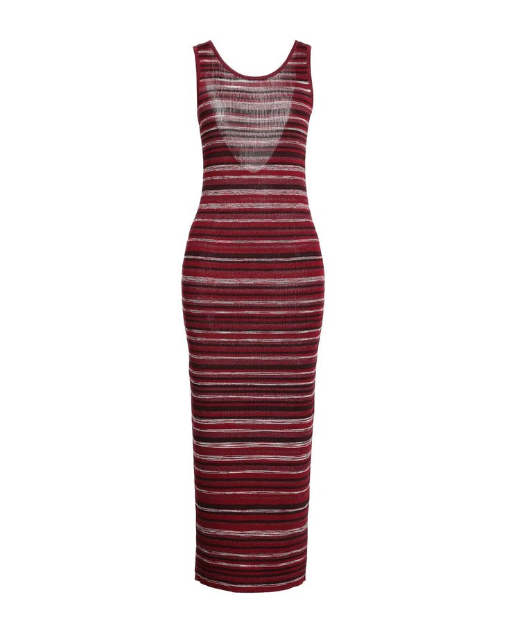 Striped knit midi dress in burgundy with beige shoulder bag and white slides — Missoni | Endless UAE