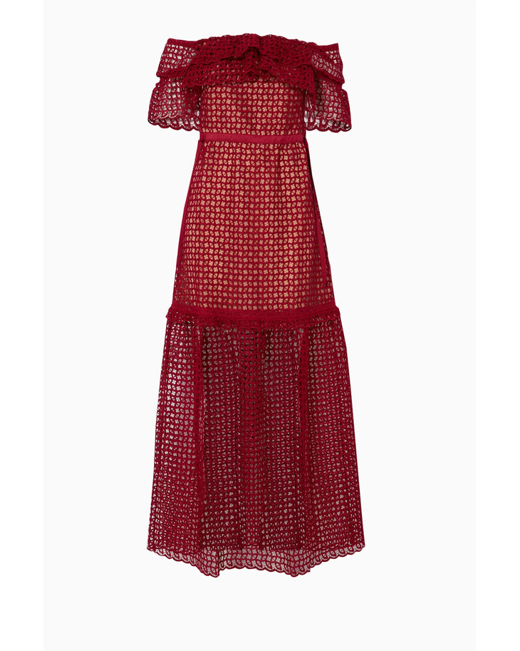 Red off-the-shoulder lace dress with ruffled sleeves and cutwork detailing — Self-Portrait | Endless UAE