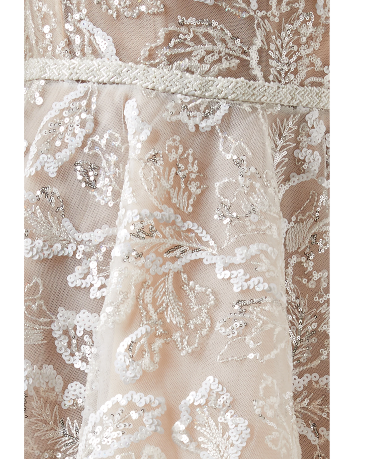 Champagne tulle dress with ivory sequin floral embellishments and braided waist detail — Bronx and Banco | Endless UAE
