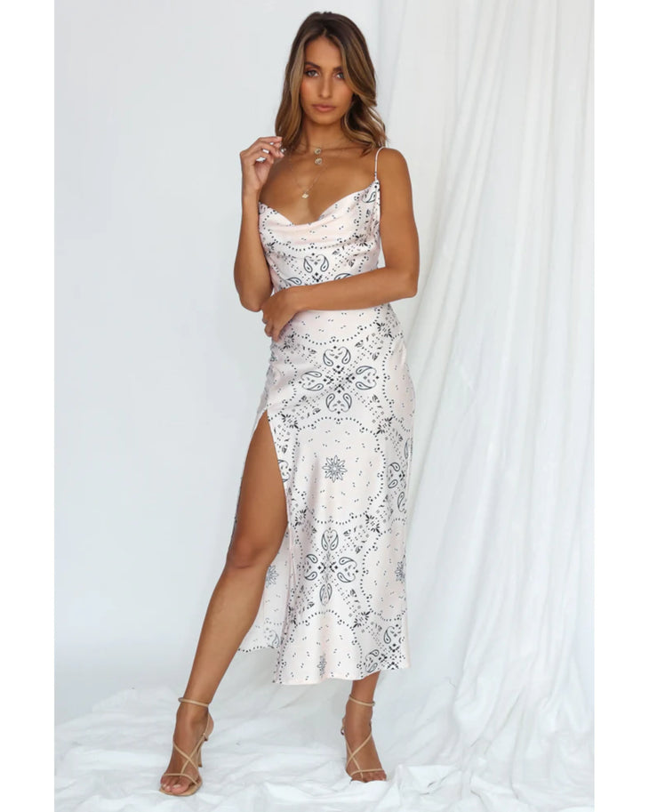 Walk The Line Midi Dress in Cream Bandana with cutout detail and high slit — Lioness | Endless UAE