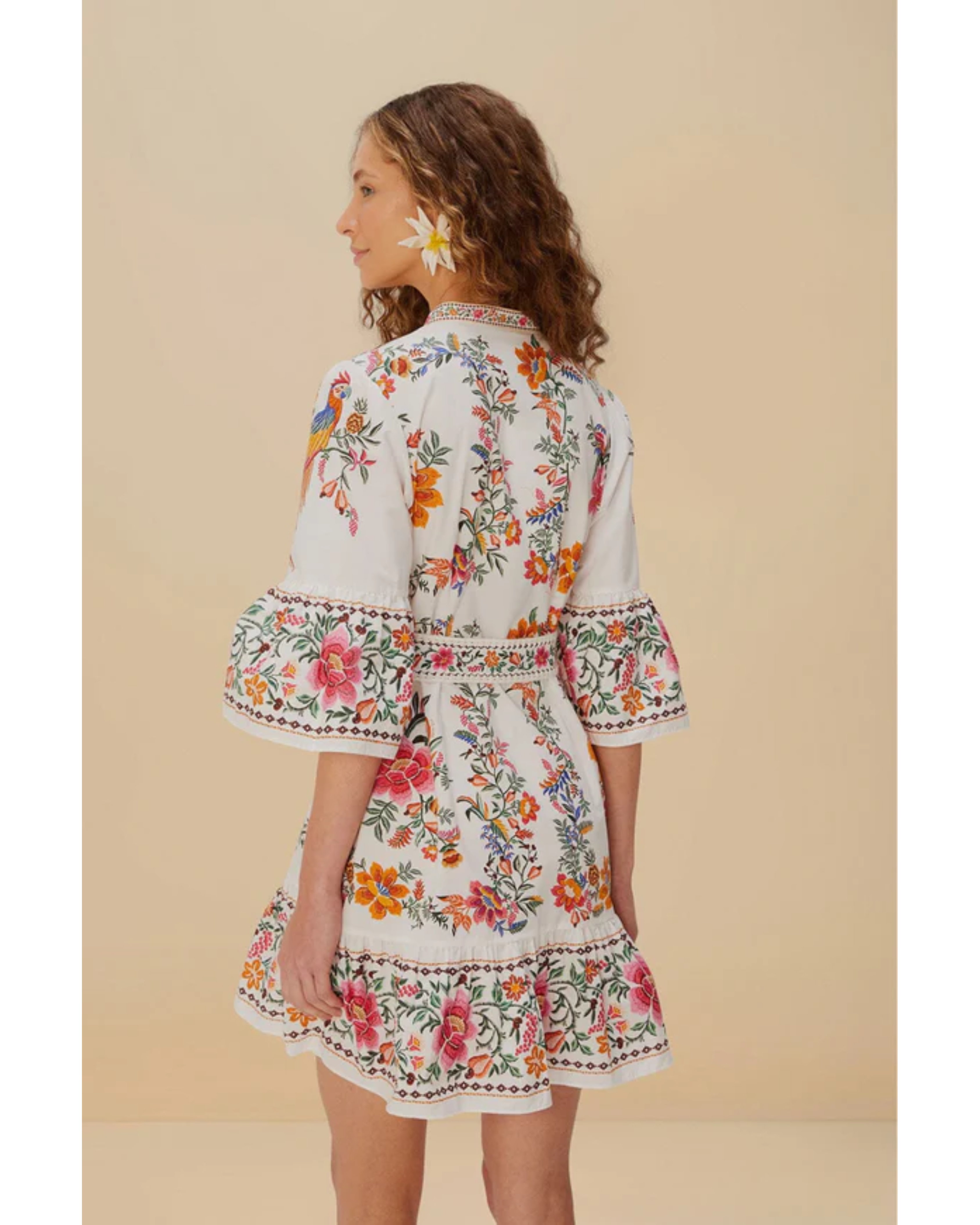 Floral embroidered off-white mini dress with bell sleeves and tiered ruffle hem — Farm Rio | Endless UAE