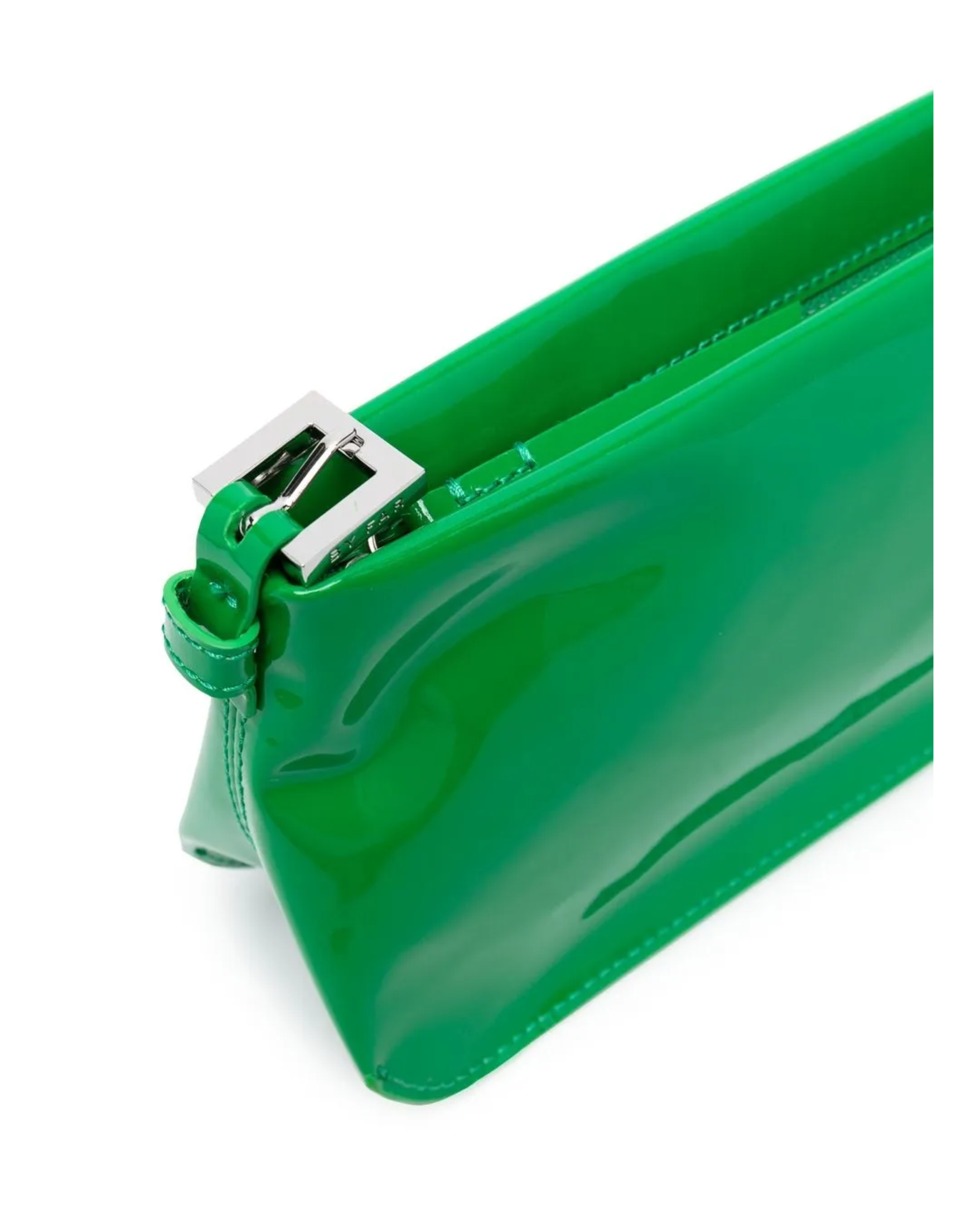 Dulce Patent Leather Shoulder Bag in vibrant green, held up against neutral background — By Far | Endless UAE
