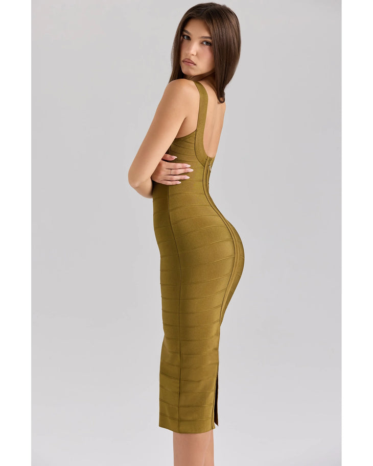 Olive green midi bandage dress with square neckline and sleeveless design — House Of CB | Endless UAE
