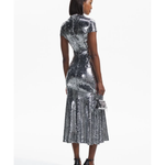 Silver sequin midi dress with twist neck and short sleeves — Self-Portrait | Endless UAE
