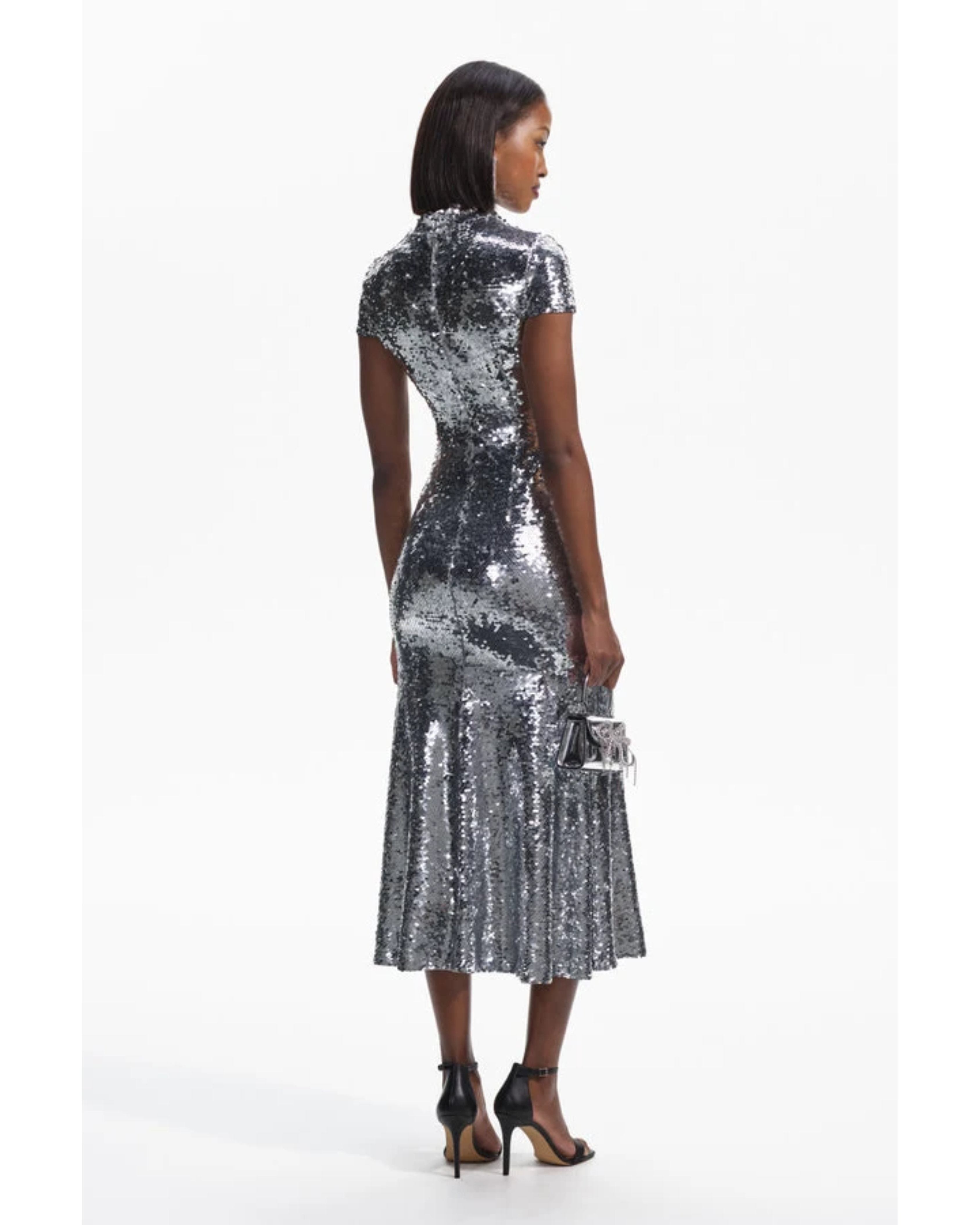 Silver sequin midi dress with twist neck and short sleeves — Self-Portrait | Endless UAE
