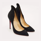 Black suede pointed-toe pumps with cream insoles and tan leather interior — Endless | Endless UAE