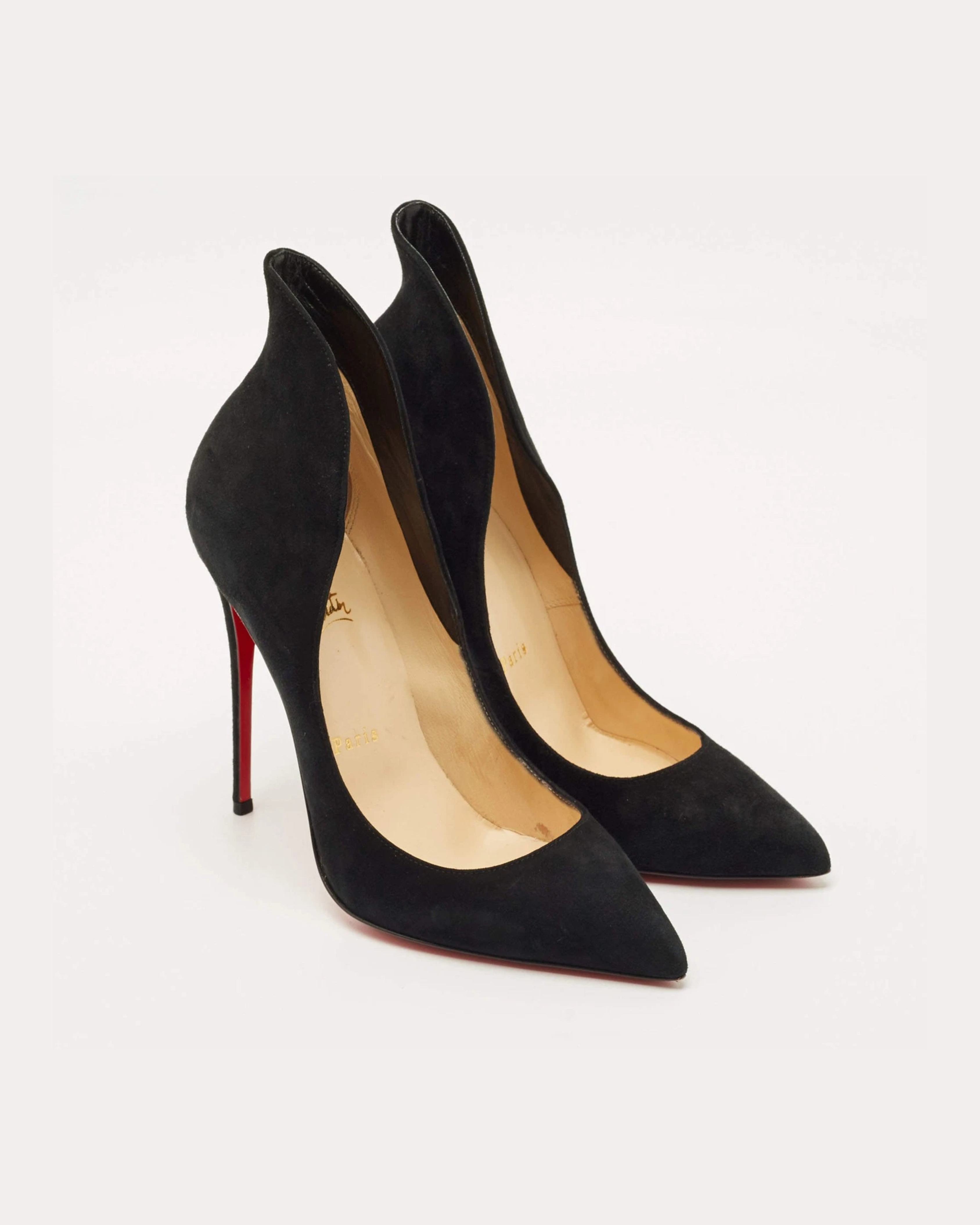 Black suede pointed-toe pumps with cream insoles and tan leather interior — Endless | Endless UAE