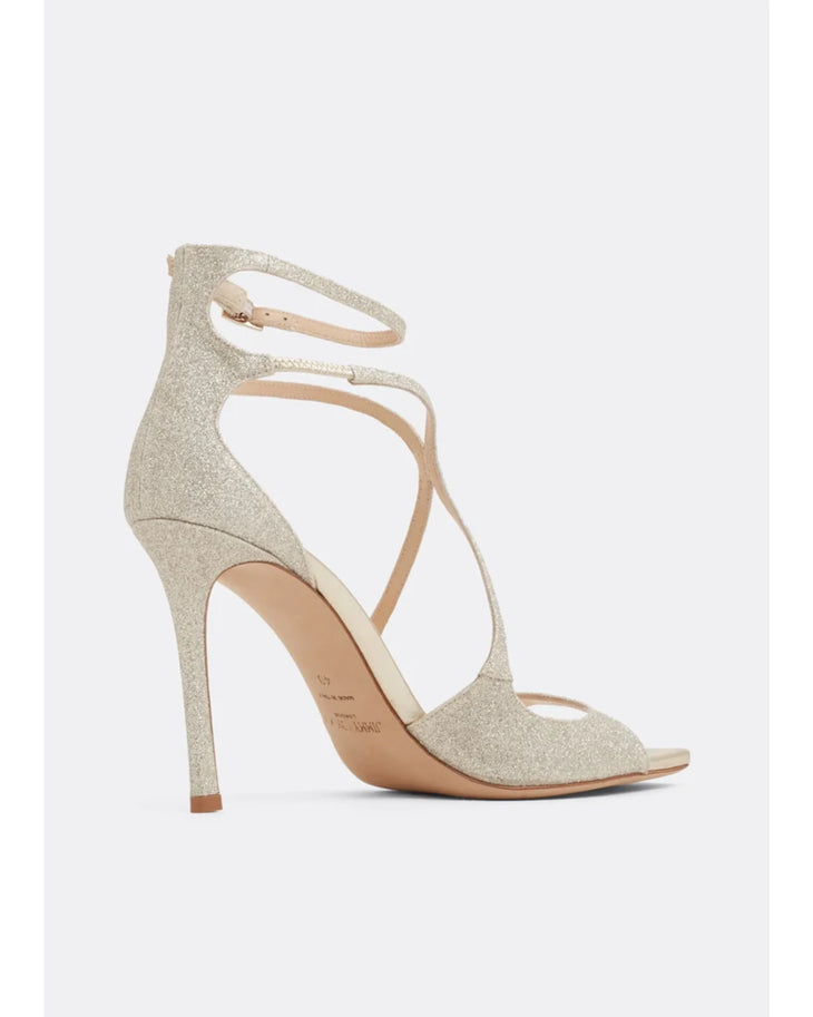Champagne glitter high heel sandals with crisscross ankle straps and open toe — Jimmy Choo | Endless UAE