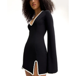Black V-neck mini dress with pearl trim and bell sleeves — Khanum's | Endless UAE