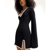 Black V-neck mini dress with pearl trim and bell sleeves — Khanum's | Endless UAE