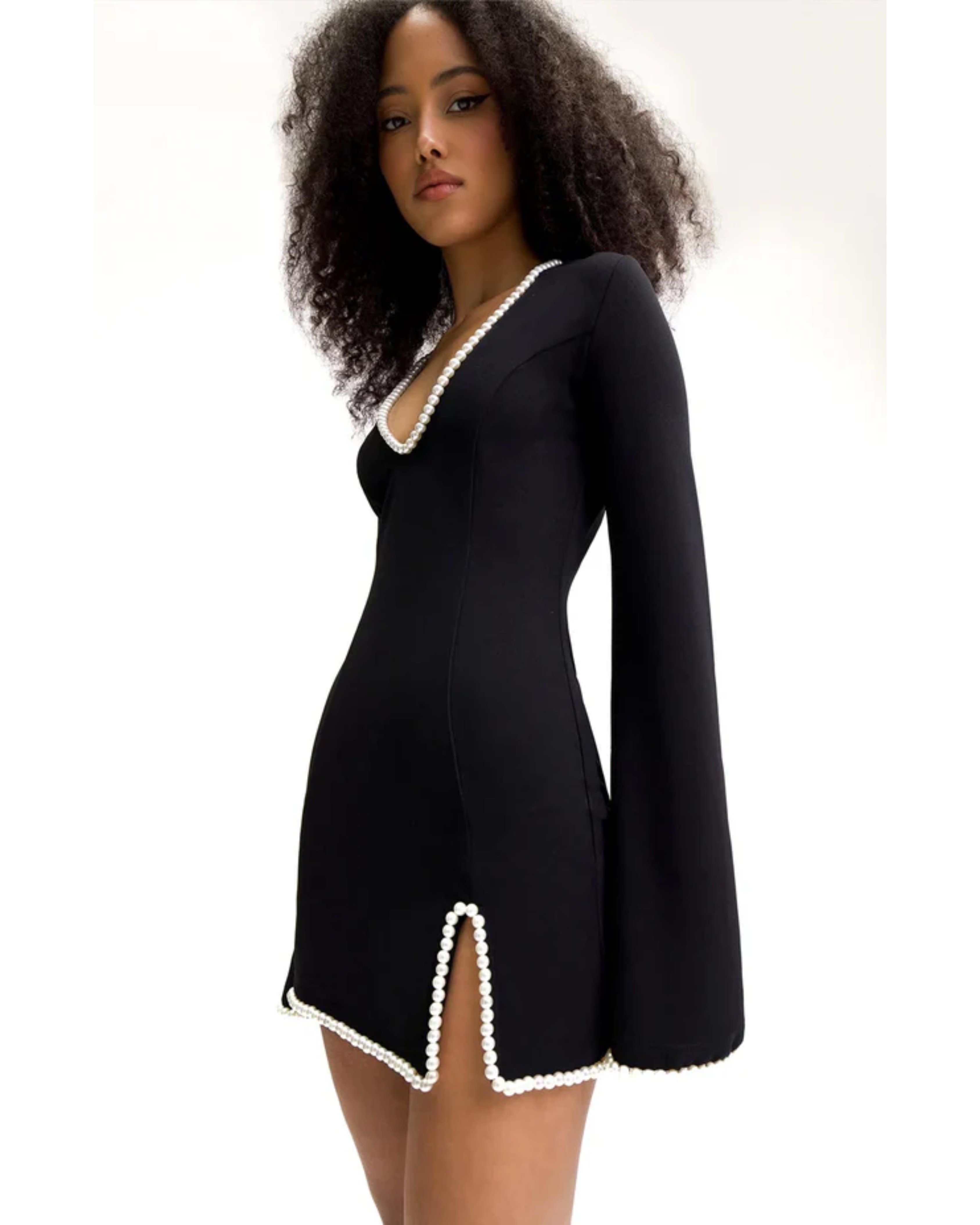 Black V-neck mini dress with pearl trim and bell sleeves — Khanum's | Endless UAE