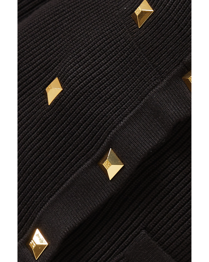 Black textured mini dress with gold pyramid stud embellishments and long sleeves — Elizabetta Franchi | Endless UAE