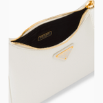 White Saffiano leather mini bag with gold zipper and triangular logo plaque, black interior lining shown — Prada | Endless UAE