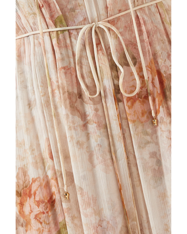Floral print flutter midi dress in soft peach tones with ruched neckline and tiered skirt — Zimmermann | Endless UAE