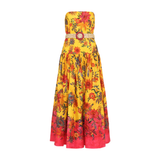 Yellow floral printed strapless linen midi dress with pink ombre hem and beaded belt — Zimmermann | Endless UAE