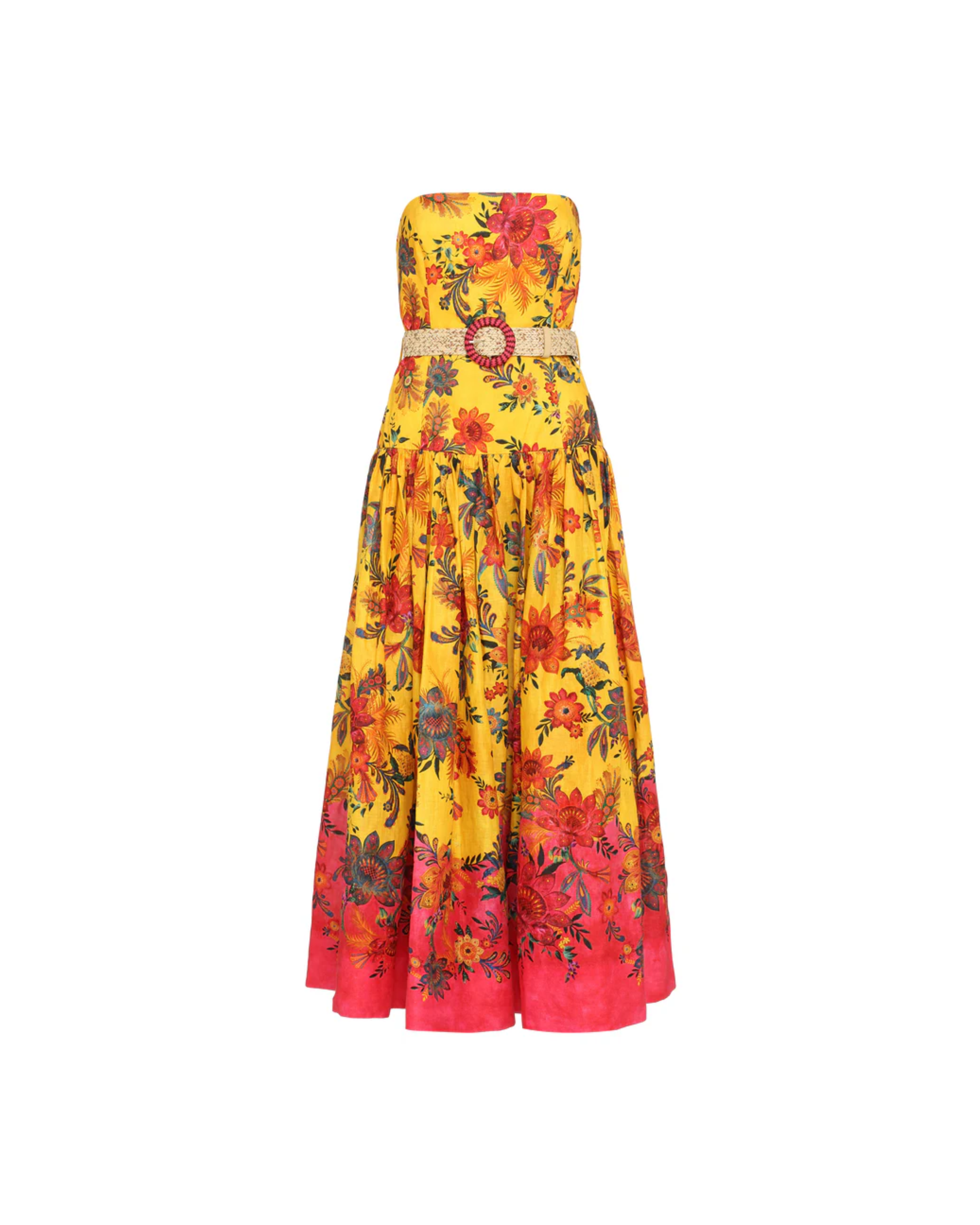 Yellow floral printed strapless linen midi dress with pink ombre hem and beaded belt — Zimmermann | Endless UAE