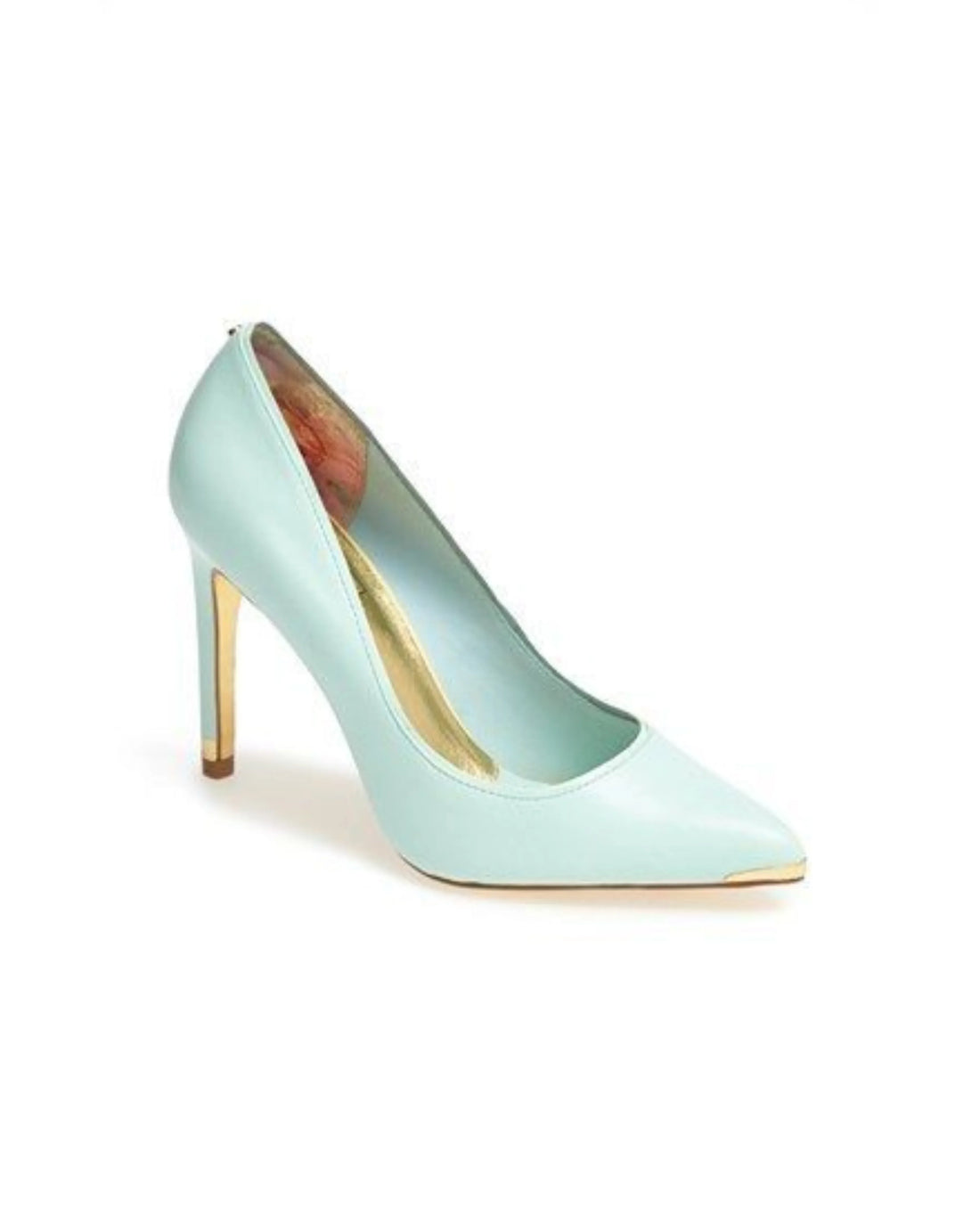 Thaya light blue pointed toe high heel with gold heel and toe cap detail — Ted Baker | Endless UAE