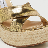 Gold foil textured crisscross strap espadrille platform sandals with woven jute sole — Jimmy Choo | Endless UAE