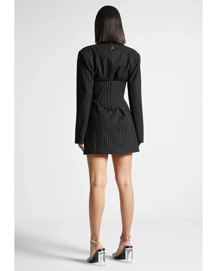 Black pinstripe blazer dress with reversible leather corset belt — Manière De Voir | Endless UAE