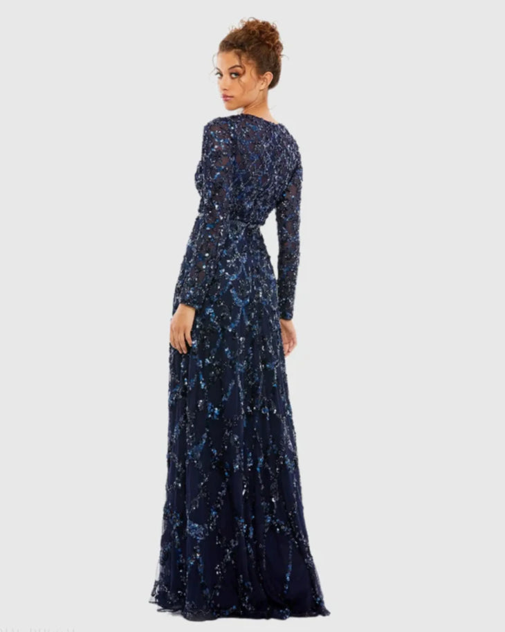 Navy sequined long sleeve A-line gown with illusion neckline and embellished detailing — Mac Duggal | Endless UAE