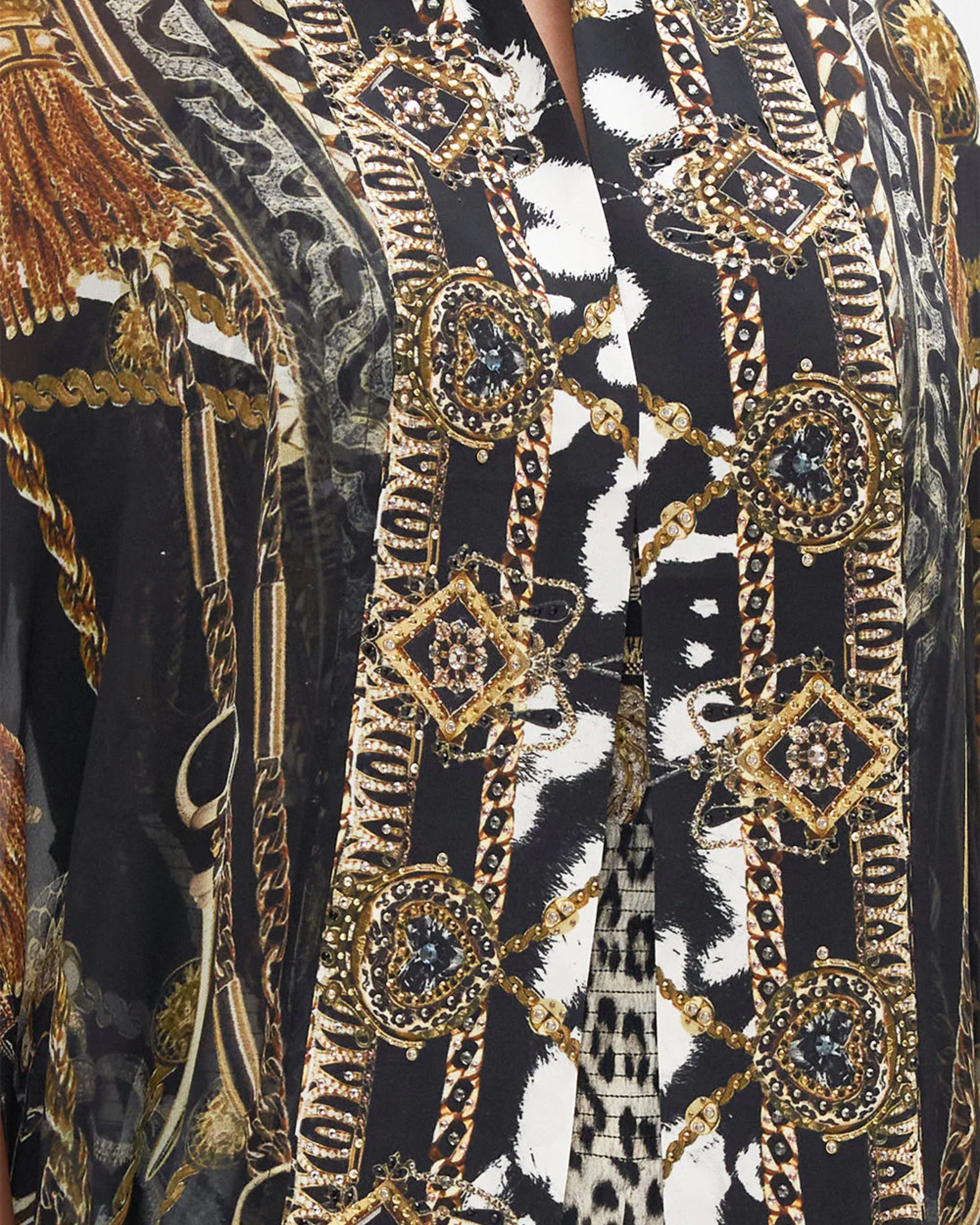 Ornate black and gold patterned co-ord set with chain and animal print details — Camilla | Endless UAE