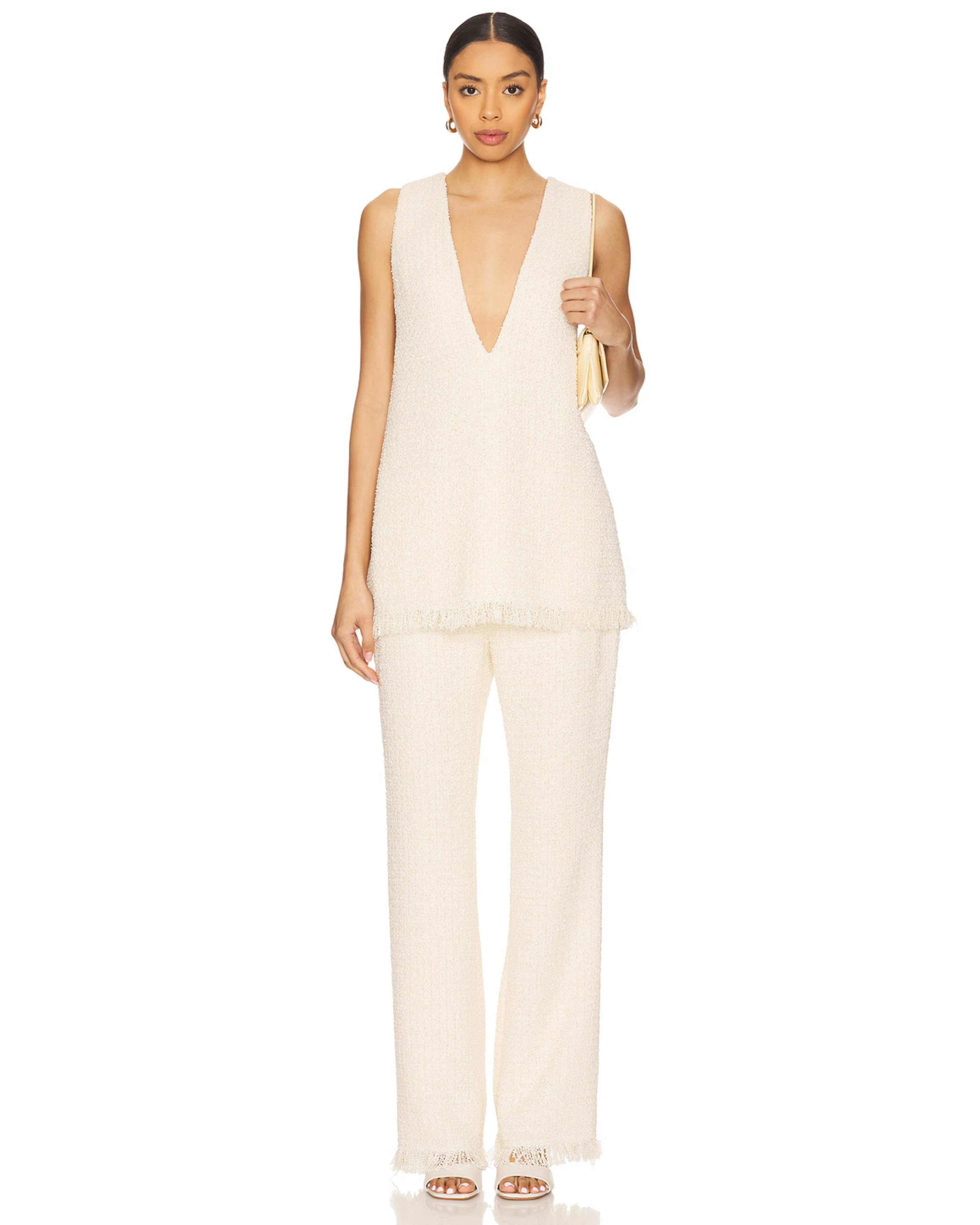 Cream boucle tank top and matching pants set with frayed hem details — SER.O.YA | Endless UAE