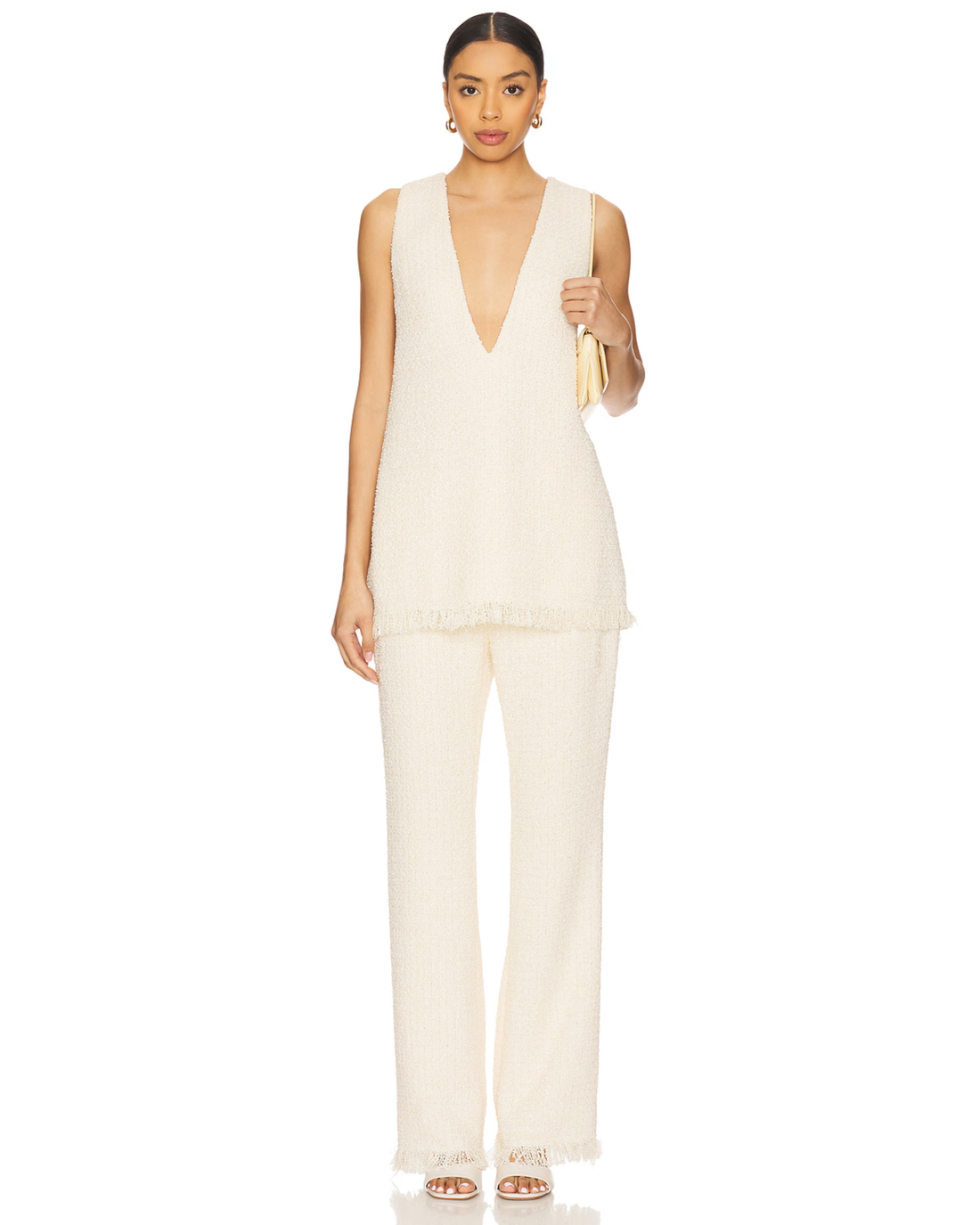 Cream boucle tank top and matching pants set with frayed hem details — SER.O.YA | Endless UAE