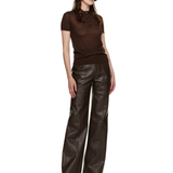 Wide-leg brown vegan leather pants with high waist and relaxed fit, styled with brown polo and snake-print heels — Nanushka | Endless UAE
