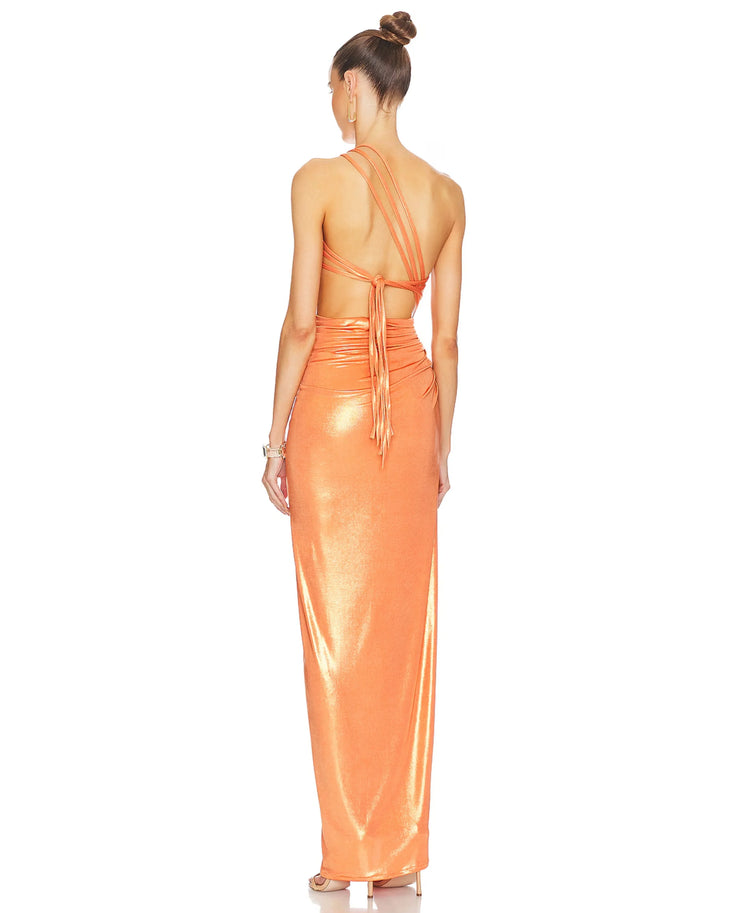 Woman wearing an orange metallic one-shoulder draped gown with high slit — J.Angelique | Endless UAE