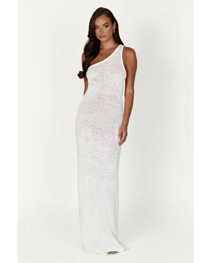 Woman wearing white one-shoulder knit maxi dress — Meshki | Endless UAE