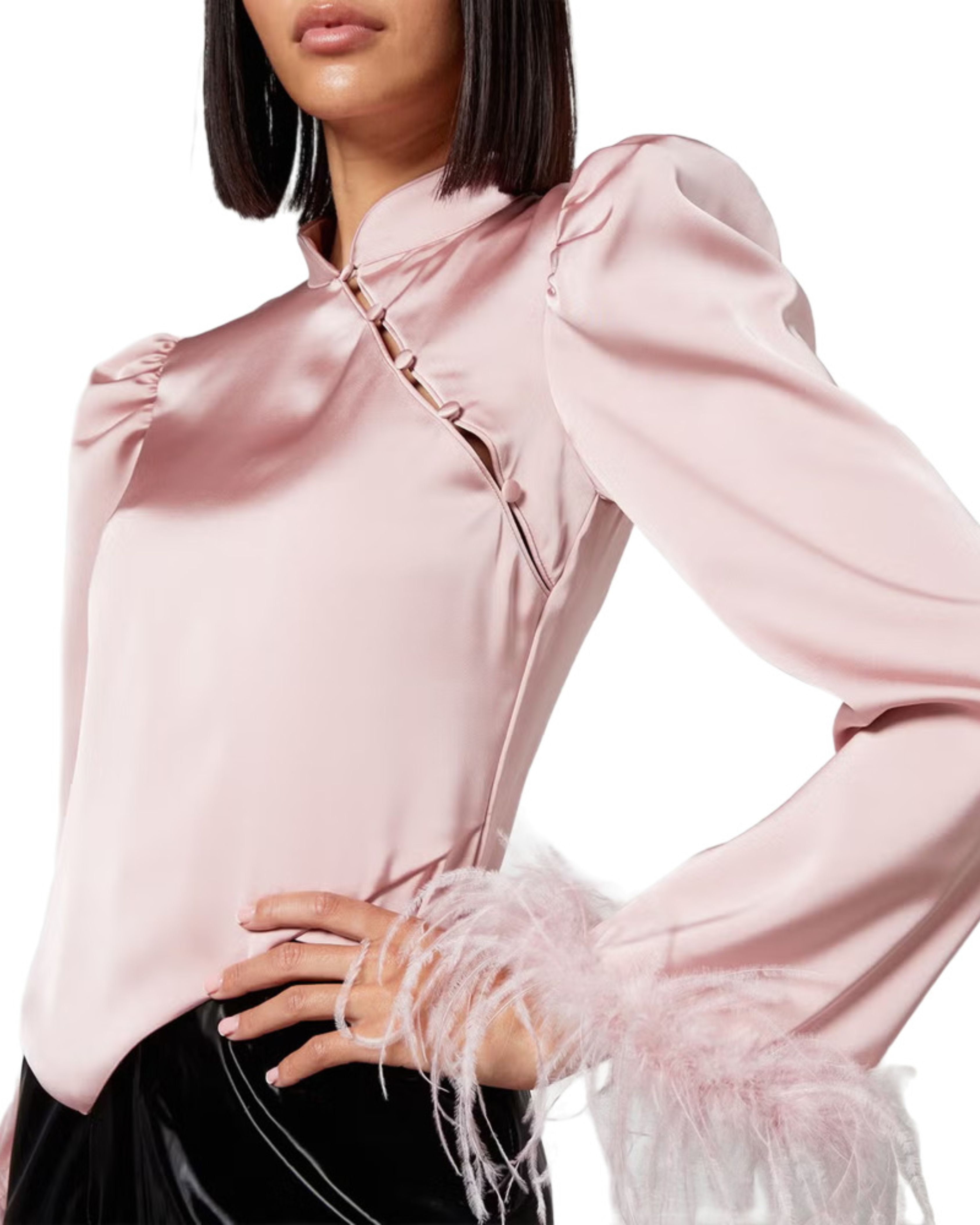 Limousine pink satin top with puffed shoulders and feather cuffs — De La Vali | Endless UAE
