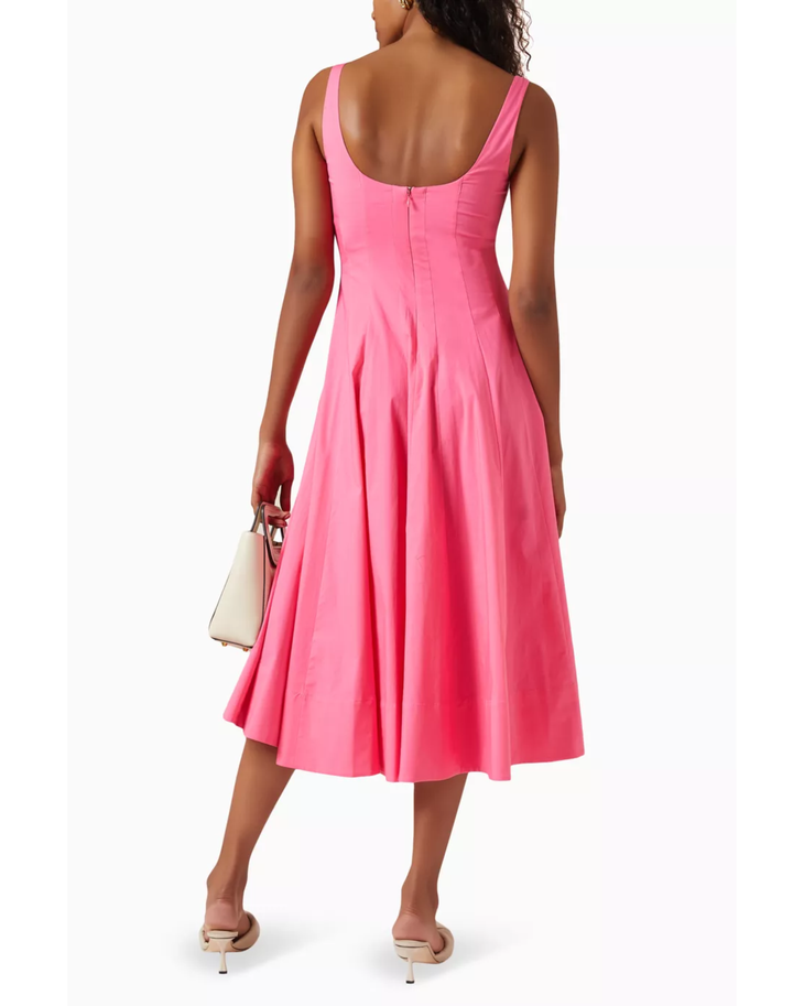 Pink sleeveless midi dress with fitted bodice and flared skirt, shown from back view — Staud | Endless UAE