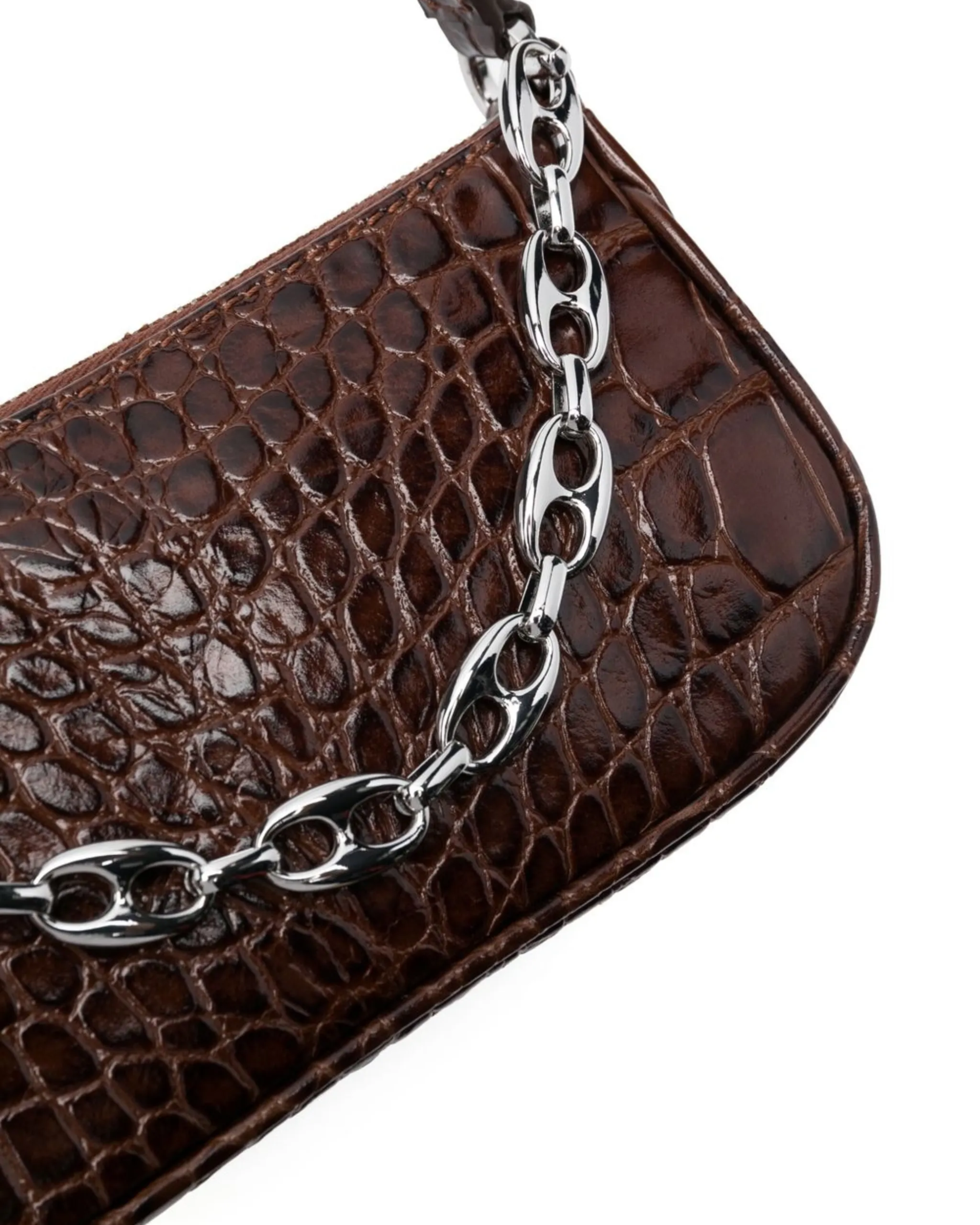 Dark brown croc-embossed mini shoulder bag with chain detail held in hand — By Far | Endless UAE