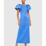 Woman wearing steel blue Lucinda Maxi Dress with puffed sleeves, viewed from back — Leo Lin | Endless UAE